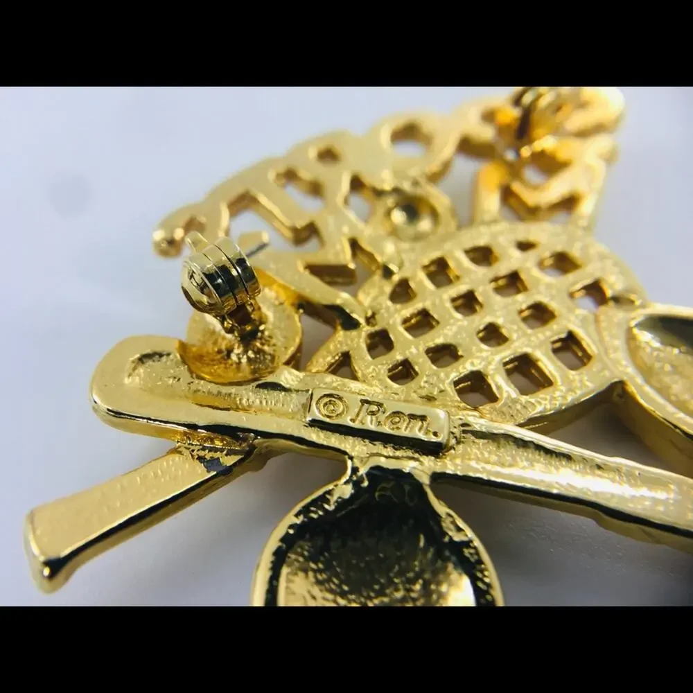 Vintage Ren Sports Mom Brooch Gold Tone Tennis Baseball Football Pin
